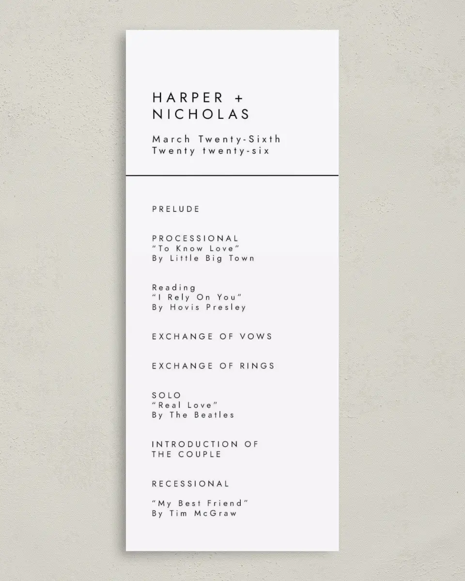 This is a 3⅝" x 8⅞" Tea-length Wedding Program called Spacious Idea printed in full color on Premium Smooth paper