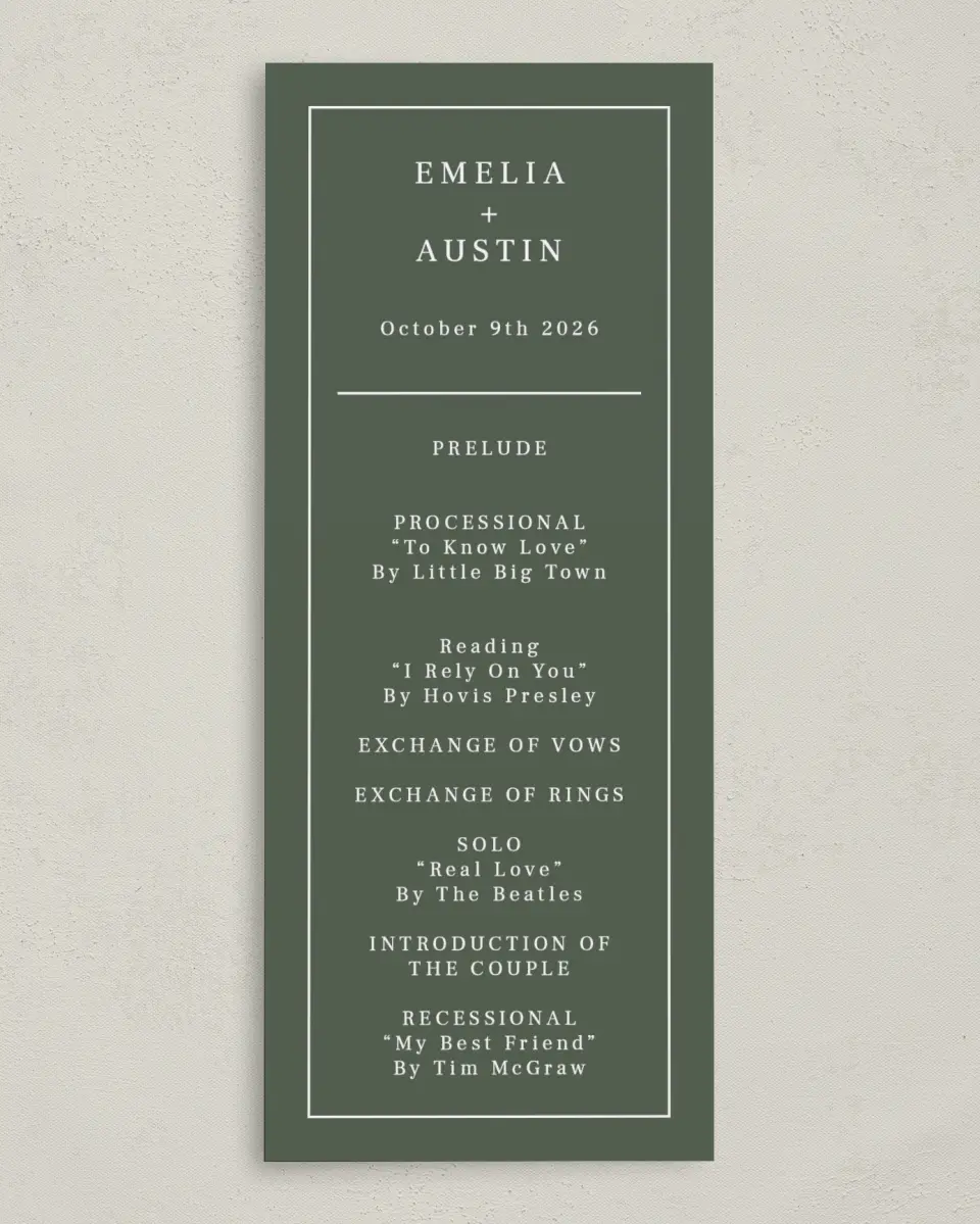 This is a 3⅝" x 8⅞" Tea-length Wedding Program called Magnificent Margin printed in full color on Premium Smooth paper
