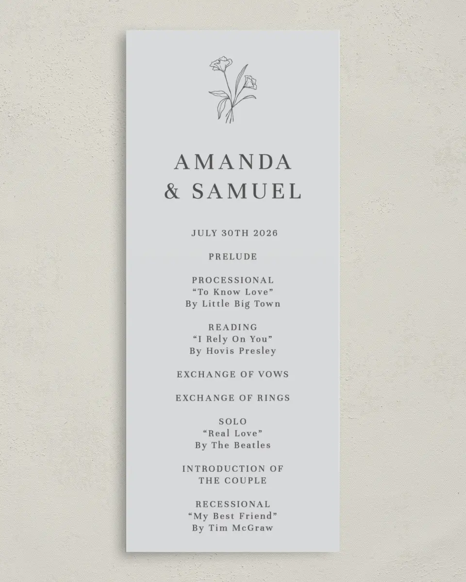 This is a 3⅝" x 8⅞" Tea-length Wedding Program called Monogram Bloom printed in full color on Premium Smooth paper
