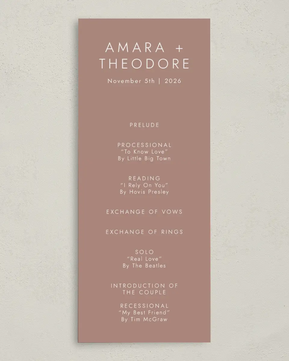 This is a 3⅝" x 8⅞" Tea-length Wedding Program called Stacked Pair printed in full color on Premium Smooth paper
