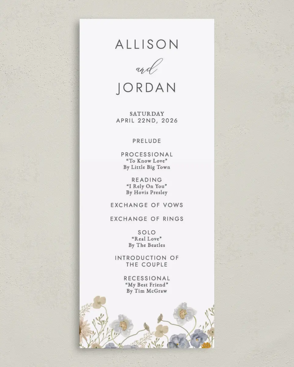 This is a 3⅝" x 8⅞" Tea-length Wedding Program called Tender Blooms printed in full color on Premium Smooth paper