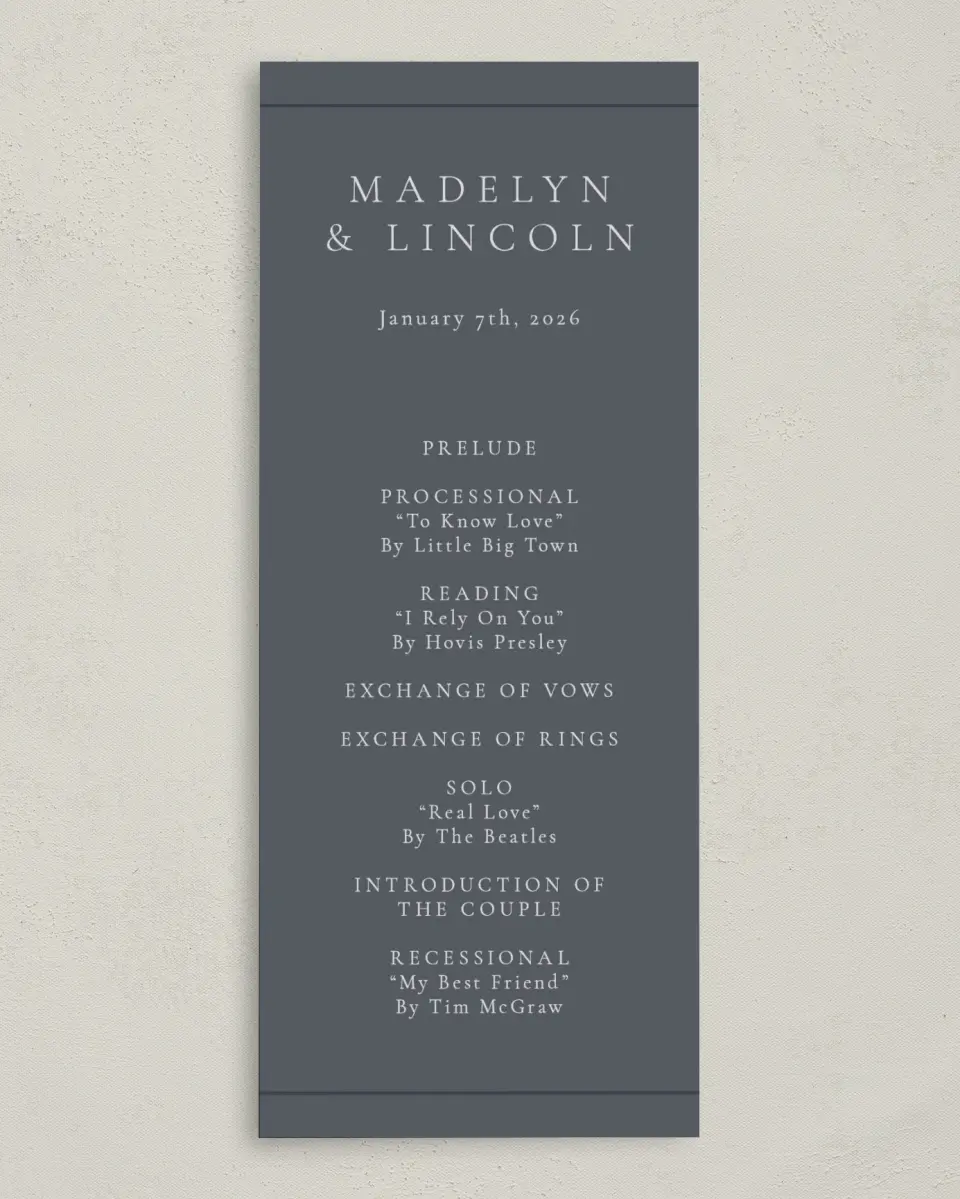 This is a 3⅝" x 8⅞" Tea-length Wedding Program called Subtle Wreath printed in full color on Premium Smooth paper