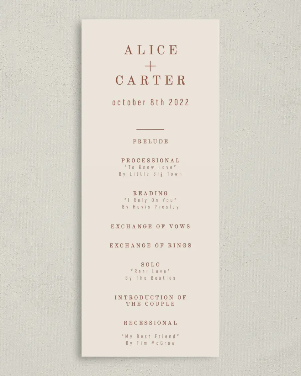 This is a 3⅝" x 8⅞" Tea-length Wedding Program called Turning Leaves printed in full color with Gold foil on Luxe Satin (coated) paper