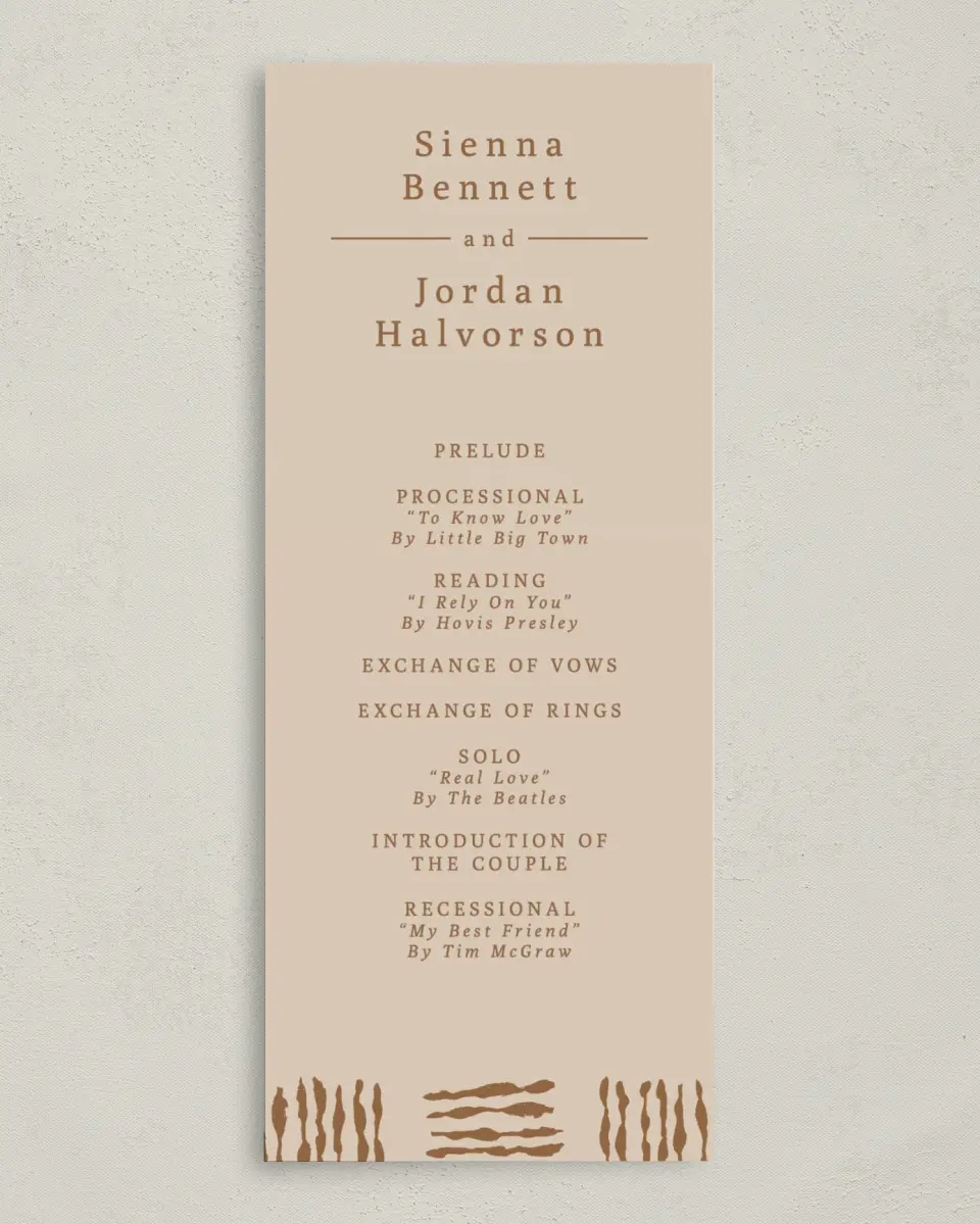 This is a 3⅝" x 8⅞" Tea-length Wedding Program called Threads of Love printed in full color on Premium Smooth paper