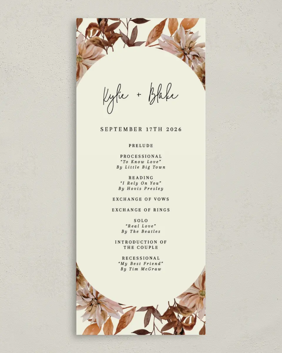 This is a 3⅝" x 8⅞" Tea-length Wedding Program called Country Blooms printed in full color on Premium Smooth paper