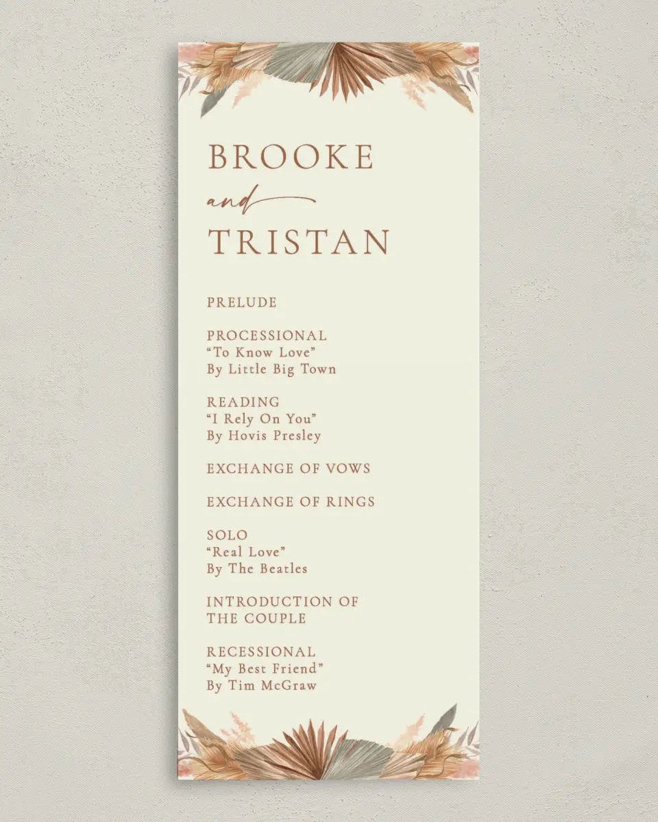 This is a 3⅝" x 8⅞" Tea-length Wedding Program called Sandy Fronds printed in full color on Premium Smooth paper
