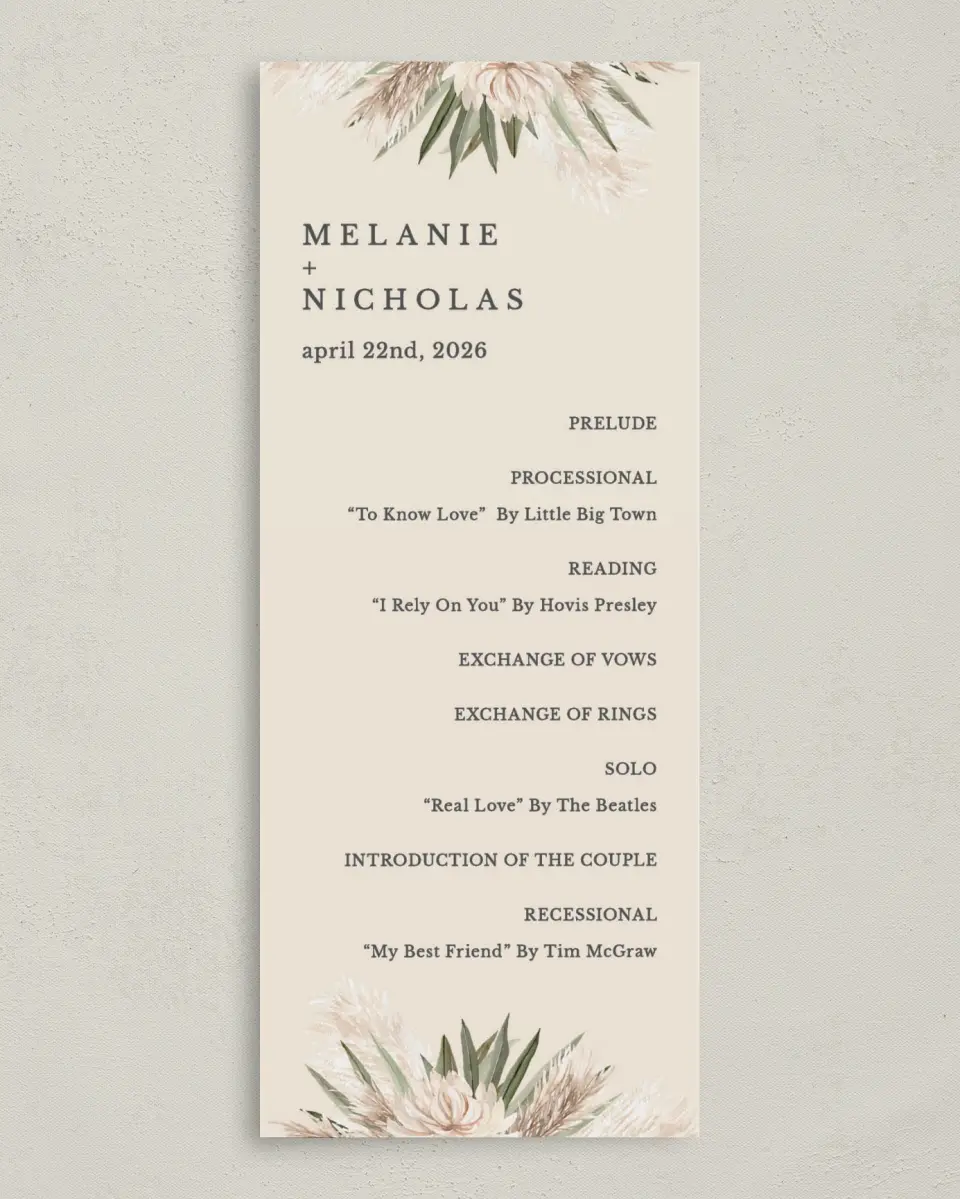 This is a 3⅝" x 8⅞" Tea-length Wedding Program called Natural Boho printed in full color on Premium Smooth paper