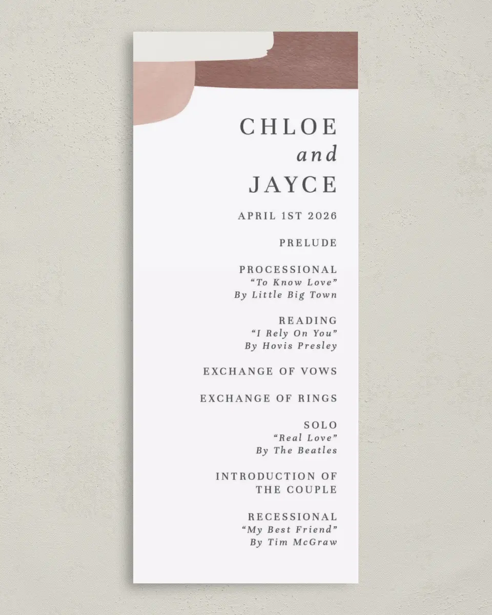 This is a 3⅝" x 8⅞" Tea-length Wedding Program called Mod Paint printed in full color on Premium Smooth paper