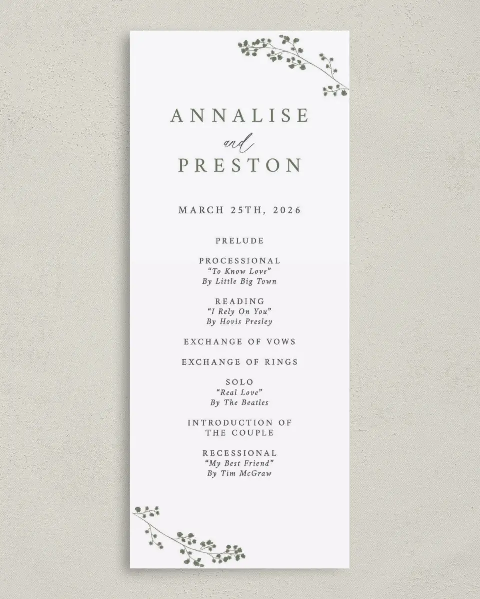 This is a 3⅝" x 8⅞" Tea-length Wedding Program called Fresh Tendrils printed in full color on Premium Smooth paper