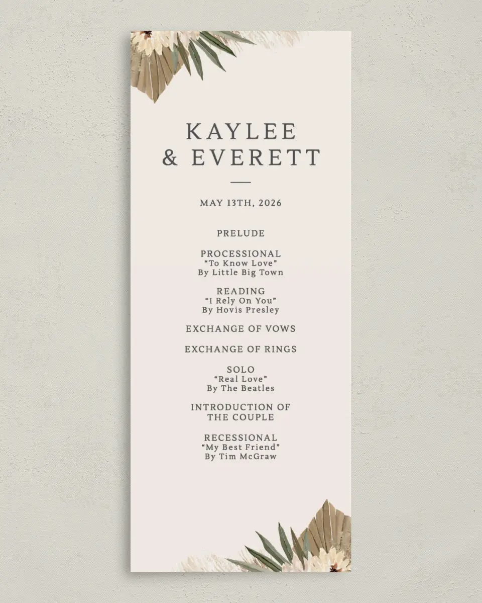 This is a 3⅝" x 8⅞" Tea-length Wedding Program called Serene Flora printed in full color on Premium Smooth paper