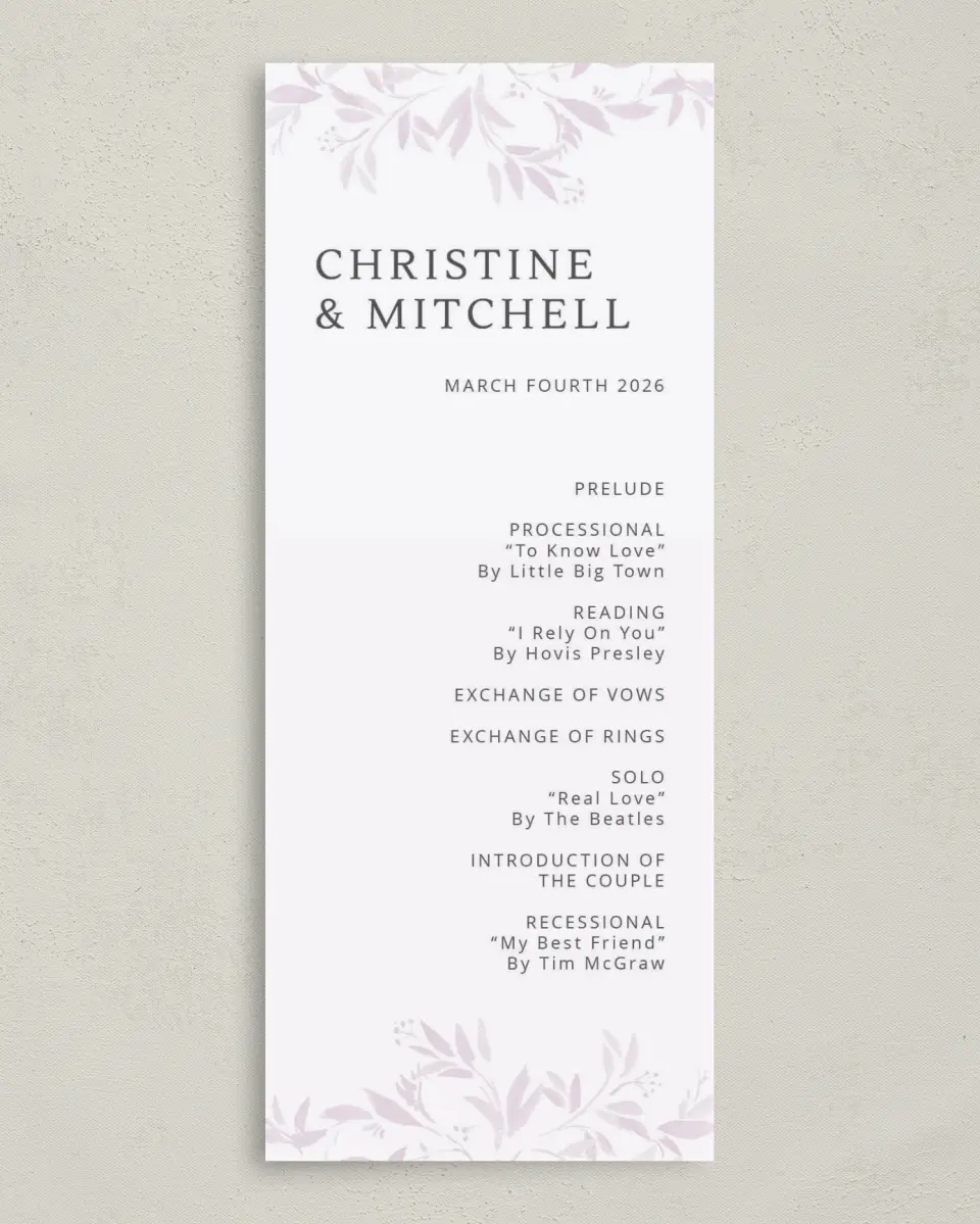This is a 3⅝" x 8⅞" Tea-length Wedding Program called Lush Leaves printed in full color on Premium Smooth paper