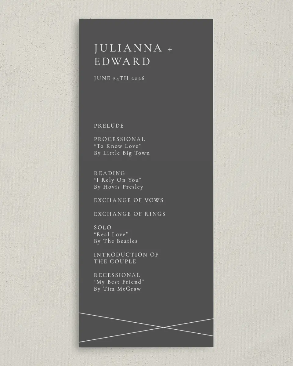 This is a 3⅝" x 8⅞" Tea-length Wedding Program called Distinct Lines printed in full color on Premium Smooth paper