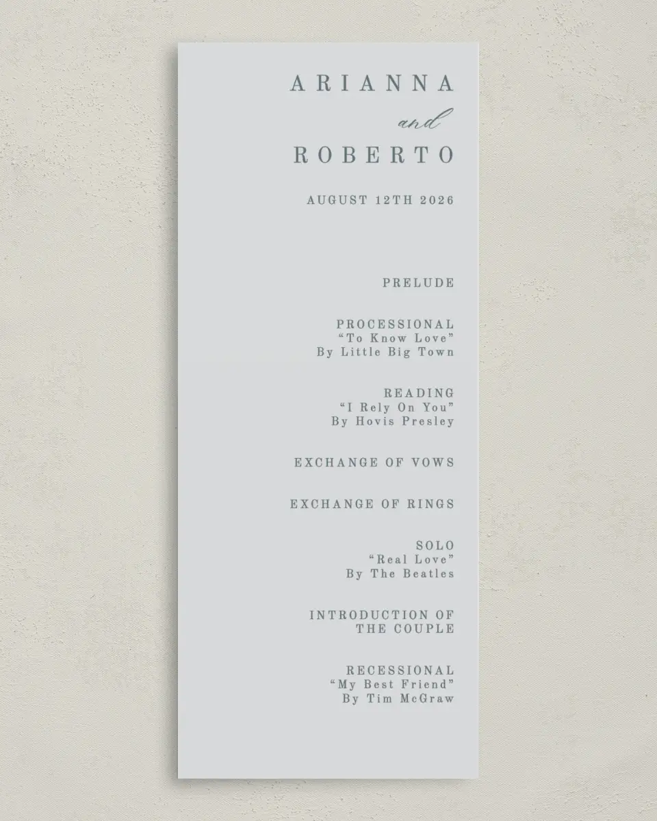 This is a 3⅝" x 8⅞" Tea-length Wedding Program called Growing Arc printed in full color on Premium Smooth paper