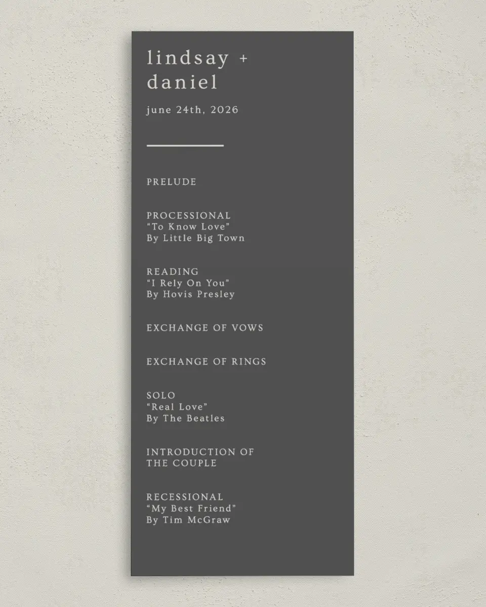 This is a 3⅝" x 8⅞" Tea-length Wedding Program called Simple Gathering printed in full color on Premium Smooth paper