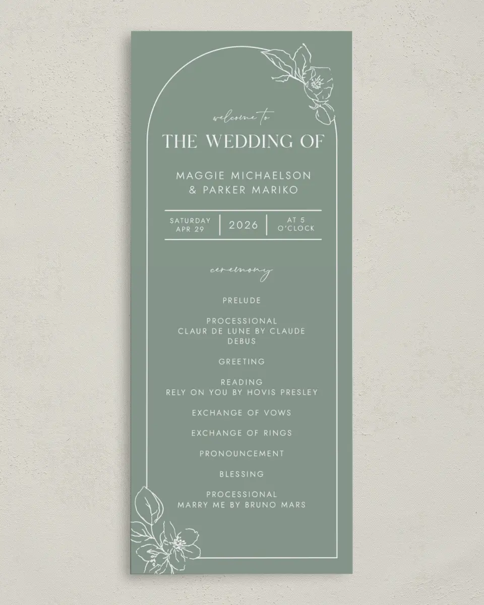 This is a 3⅝" x 8⅞" Tea-length Wedding Program called Blossoming Arch printed in full color on Premium Smooth paper