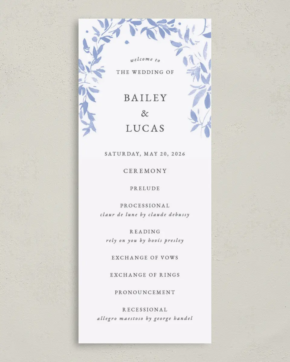 This is a 3⅝" x 8⅞" Tea-length Wedding Program called Soft Botanics printed in full color on Premium Smooth paper