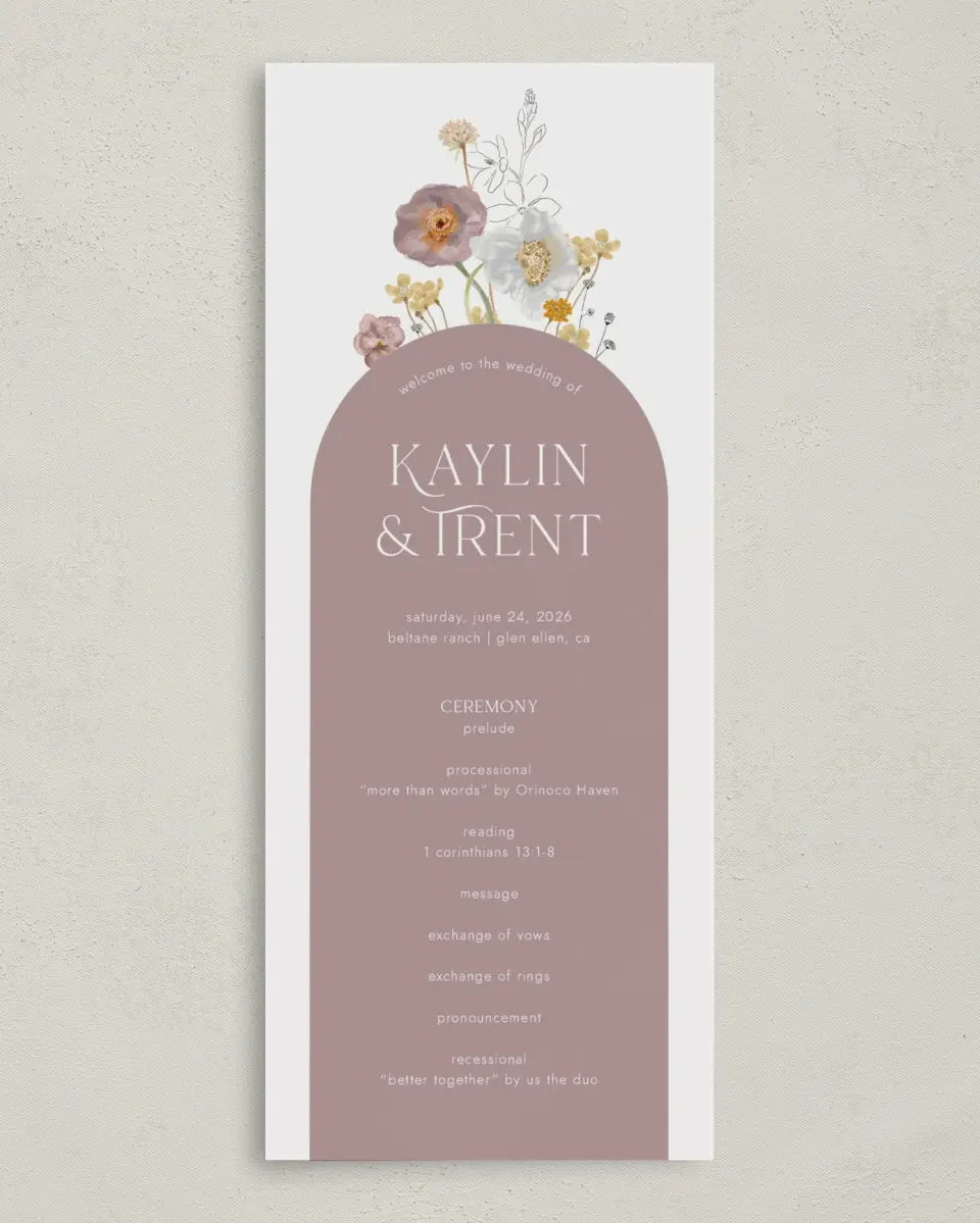 This is a 3⅝" x 8⅞" Tea-length Wedding Program called Enchanting Wildflowers printed in full color with Gold foil on Luxe Satin (coated) paper