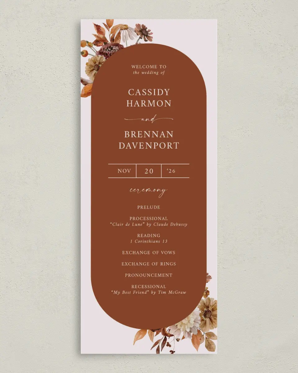 This is a 3⅝" x 8⅞" Tea-length Wedding Program called Autumn Florals printed in full color on Premium Smooth paper