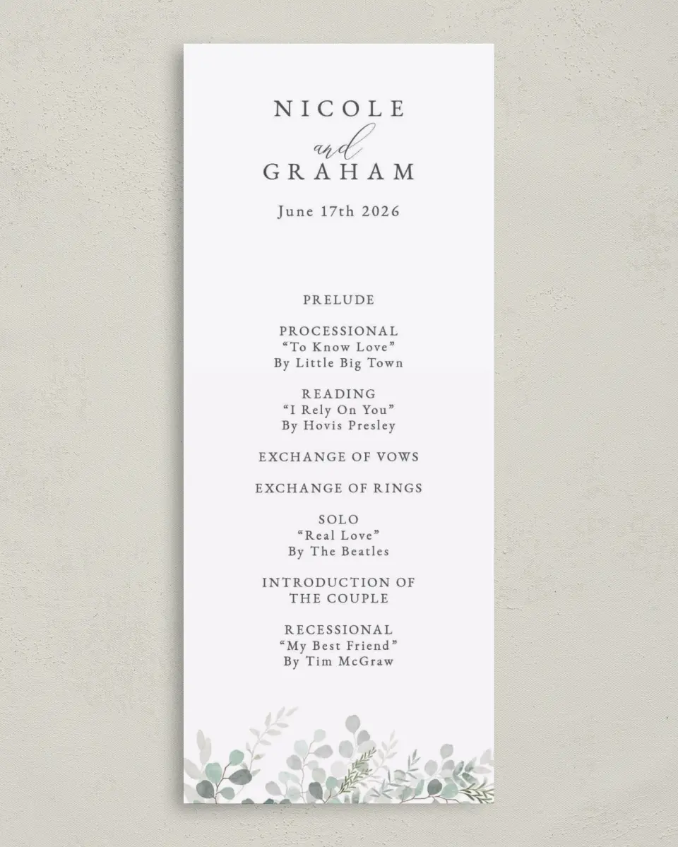 This is a 3⅝" x 8⅞" Tea-length Wedding Program called Elegant Greenery printed in full color on Premium Smooth paper