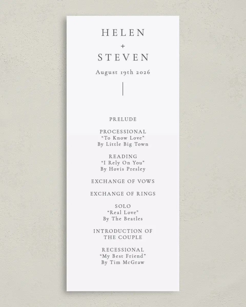 This is a 3⅝" x 8⅞" Tea-length Wedding Program called Quiet Scene printed in full color on Premium Smooth paper