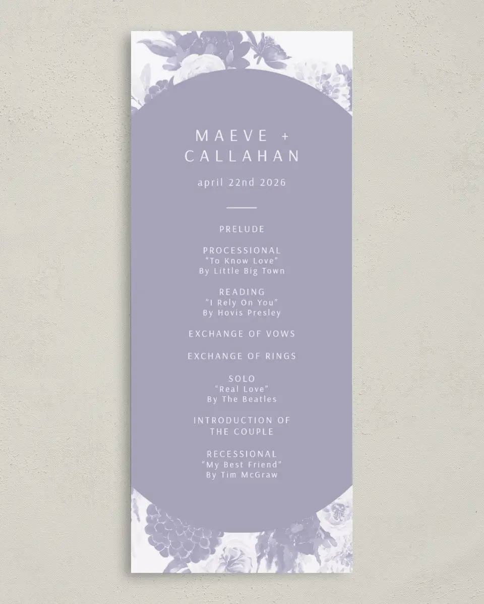This is a 3⅝" x 8⅞" Tea-length Wedding Program called Sweet Botanical printed in full color on Premium Smooth paper