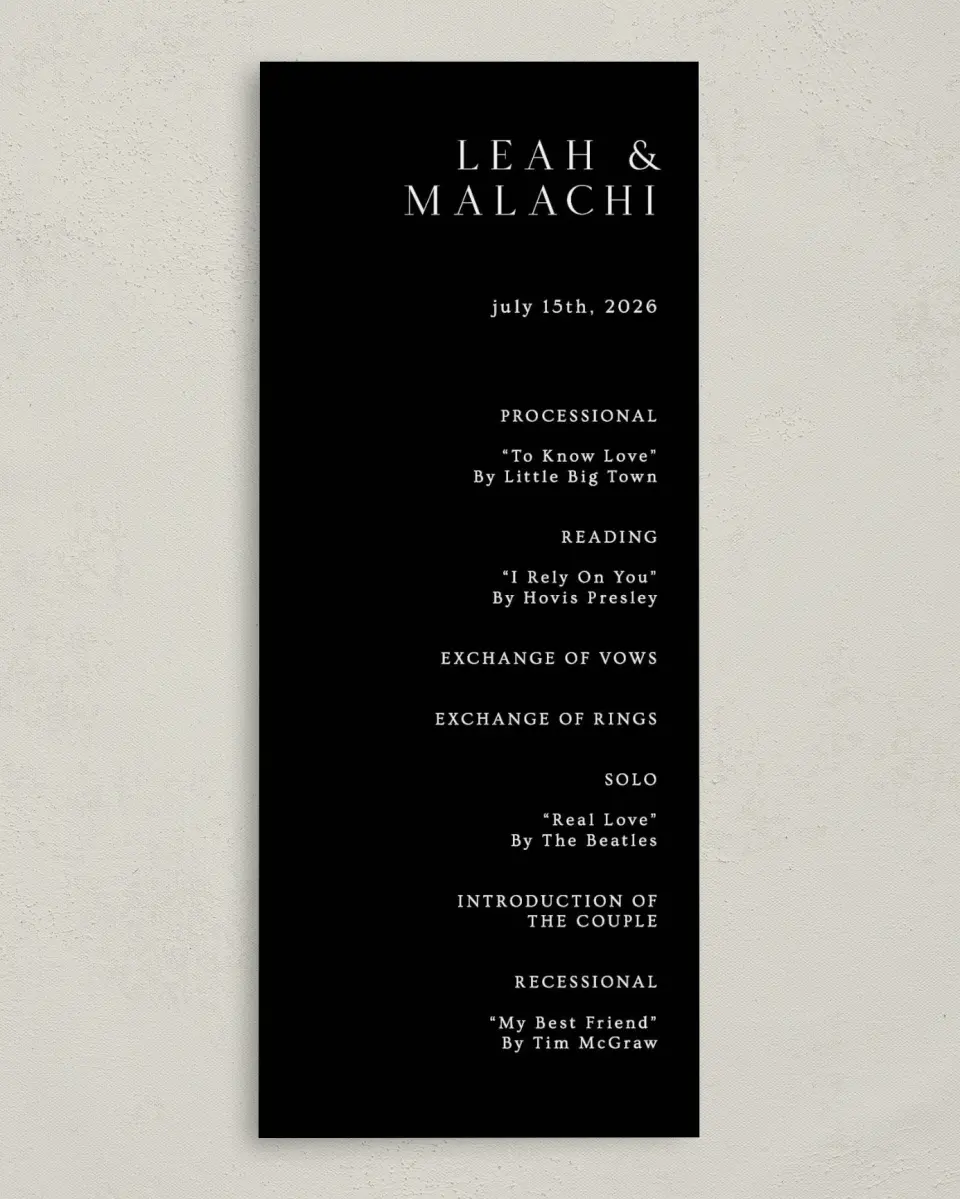 This is a 3⅝" x 8⅞" Tea-length Wedding Program called Precise Promise printed in full color on Premium Smooth paper