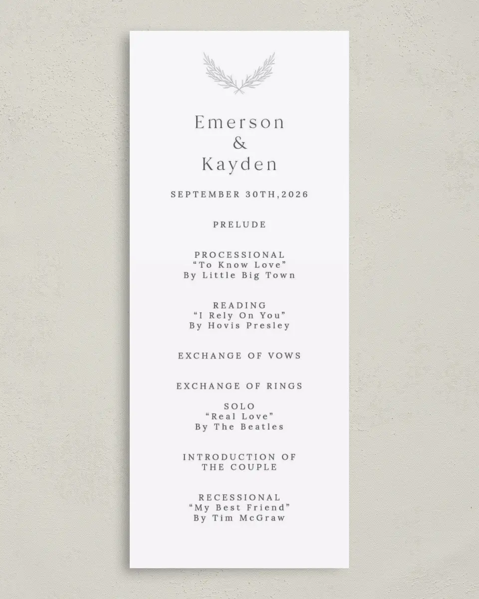 This is a 3⅝" x 8⅞" Tea-length Wedding Program called Soft Sprig printed in full color on Premium Smooth paper
