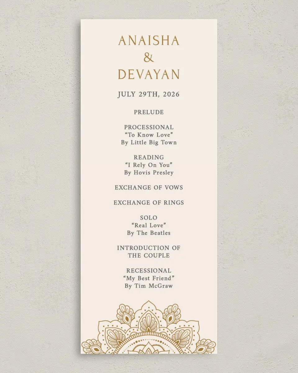 This is a 3⅝" x 8⅞" Tea-length Wedding Program called Indian Mandala printed in full color on Premium Smooth paper