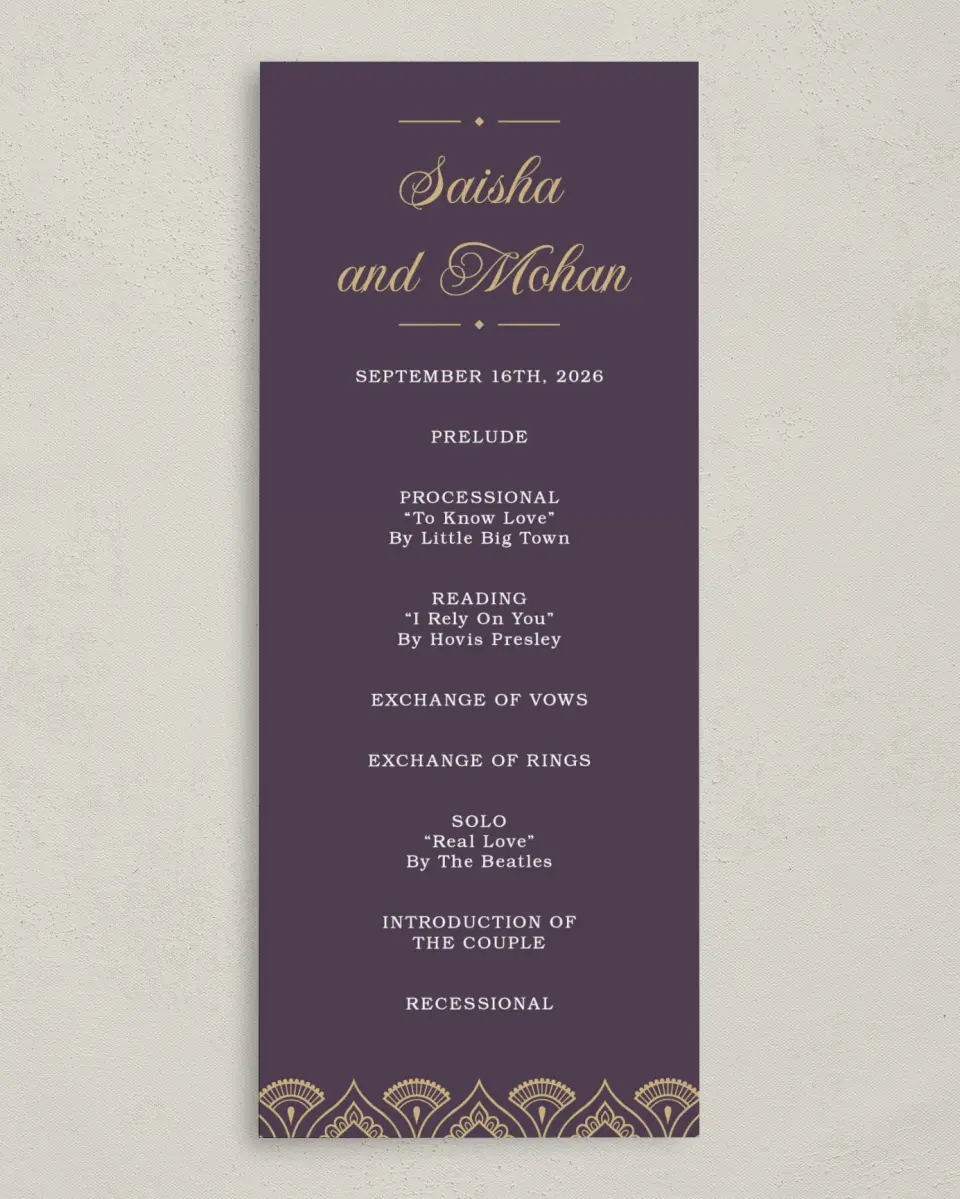 This is a 3⅝" x 8⅞" Tea-length Wedding Program called Royal Pattern printed in full color on Premium Smooth paper