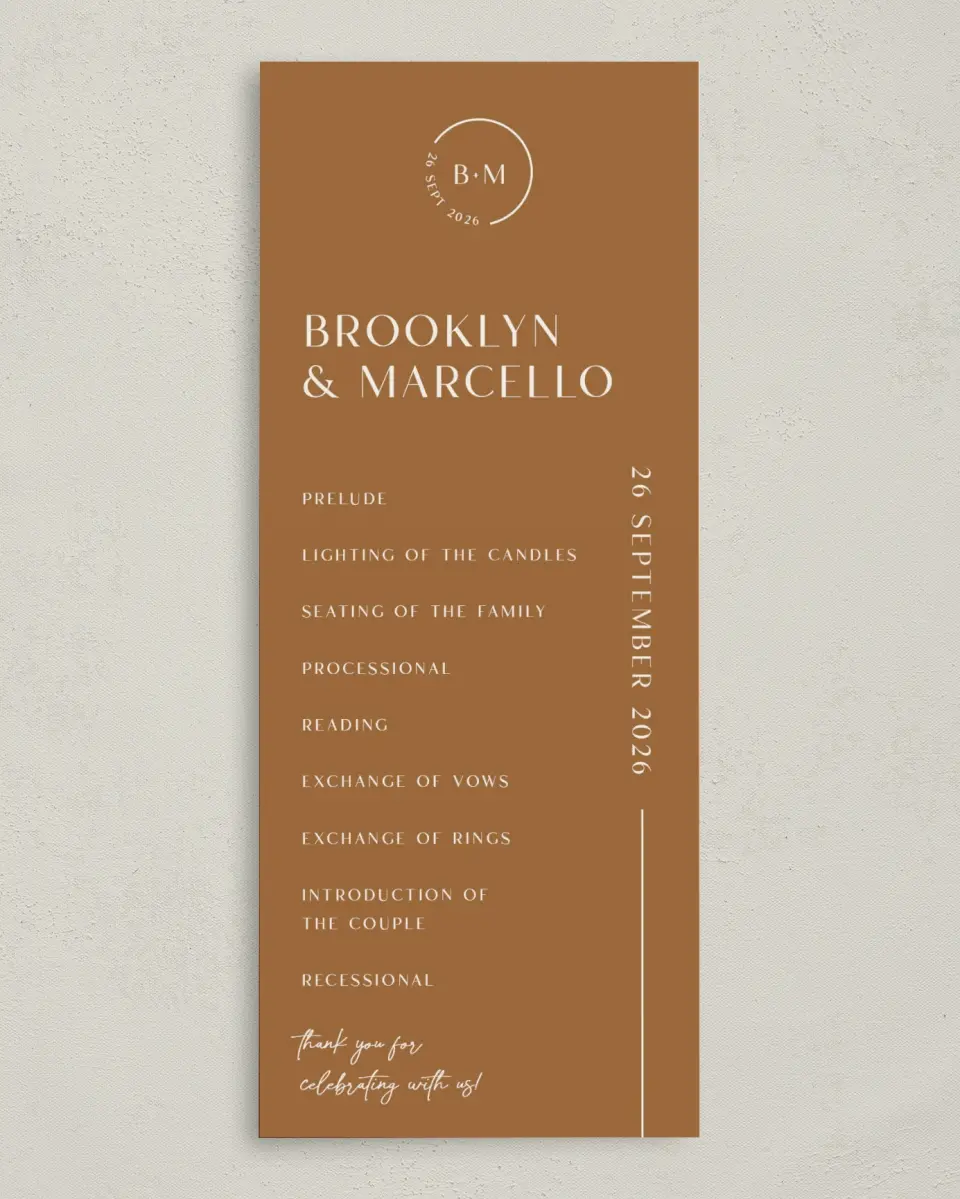 This is a 3⅝" x 8⅞" Tea-length Wedding Program called The Brooklyn printed in full color on Premium Smooth paper