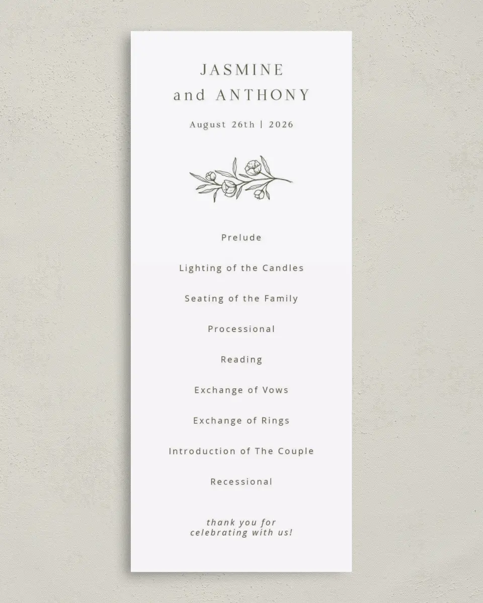 This is a 3⅝" x 8⅞" Tea-length Wedding Program called The Jasmine printed in full color on Premium Smooth paper