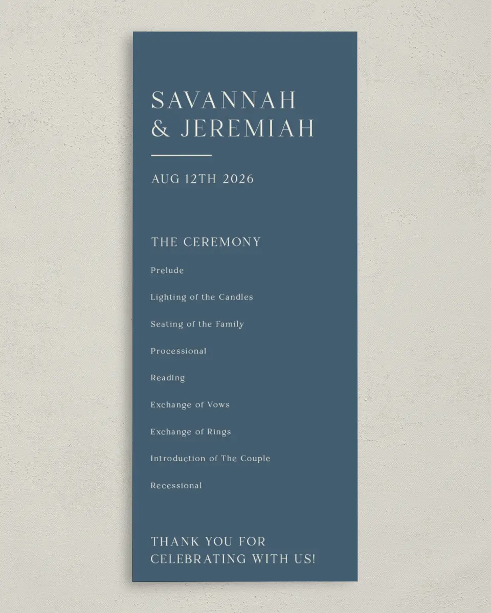 This is a 3⅝" x 8⅞" Tea-length Wedding Program called The Savannah printed in full color on Premium Smooth paper