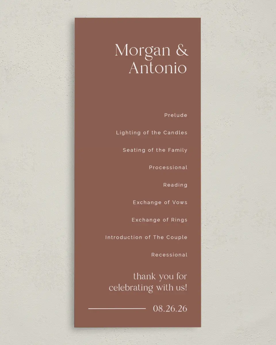 This is a 3⅝" x 8⅞" Tea-length Wedding Program called The Morgan printed in full color on Premium Smooth paper
