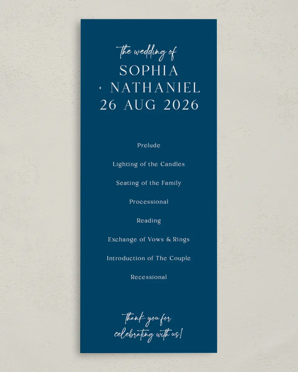 This is a 3⅝" x 8⅞" Tea-length Wedding Program called The Sophia printed in full color on Premium Smooth paper