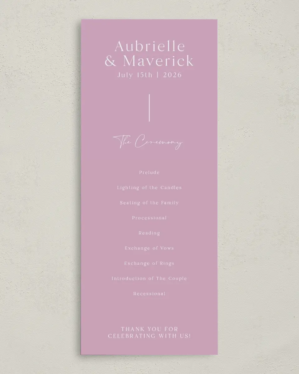 This is a 3⅝" x 8⅞" Tea-length Wedding Program called The Aubrielle printed in full color on Premium Smooth paper