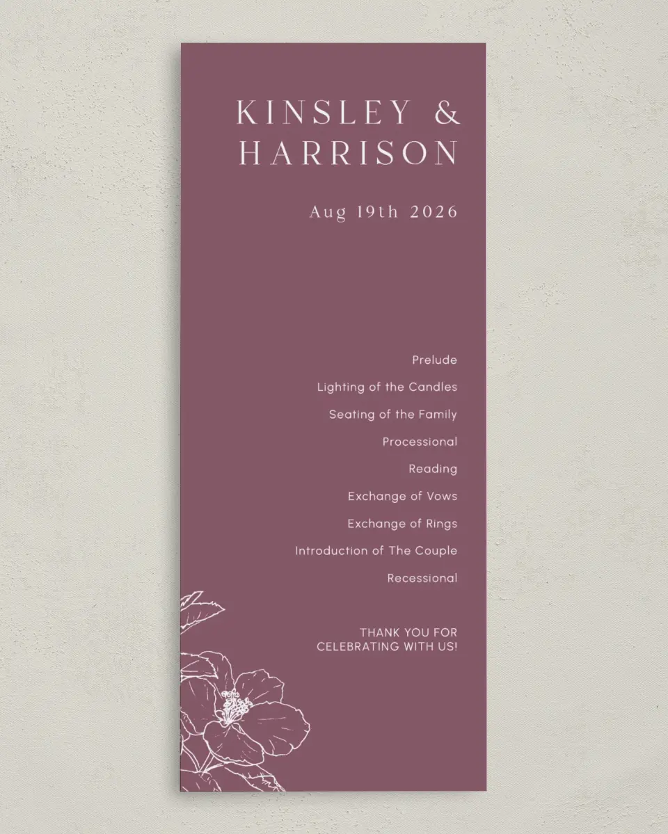 This is a 3⅝" x 8⅞" Tea-length Wedding Program called The Kinsley printed in full color on Premium Smooth paper