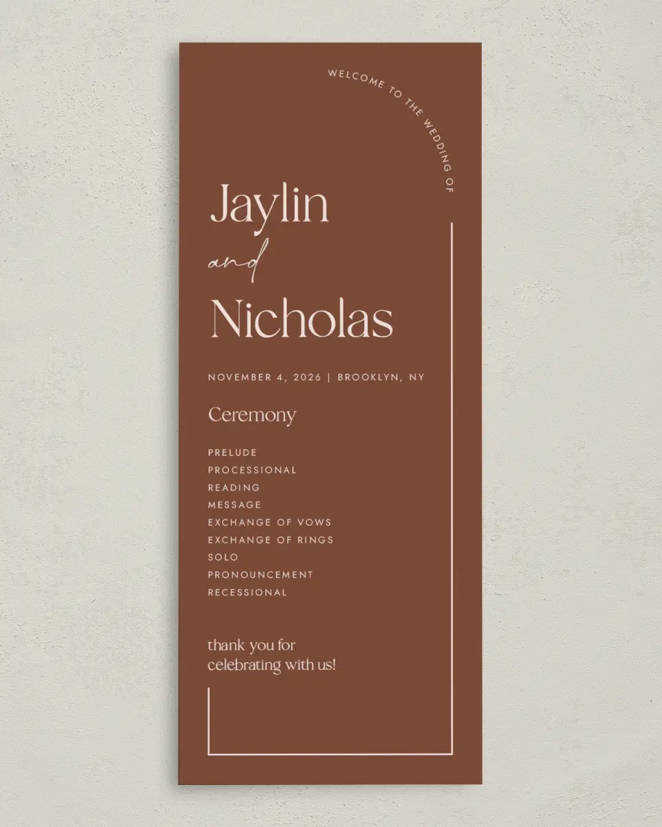 This is a 3⅝" x 8⅞" Tea-length Wedding Program called The Jaylin printed in full color on Premium Smooth paper