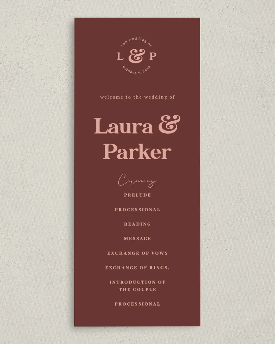 This is a 3⅝" x 8⅞" Tea-length Wedding Program called The Laura printed in full color on Premium Smooth paper