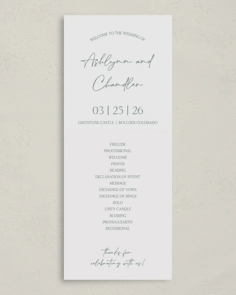 This is a 3⅝" x 8⅞" Tea-length Wedding Program called The Ashlynn printed in full color on Premium Smooth paper