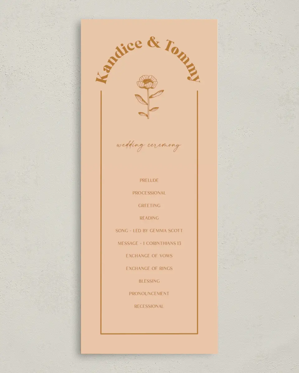 This is a 3⅝" x 8⅞" Tea-length Wedding Program called The Kandice printed in full color on Premium Smooth paper