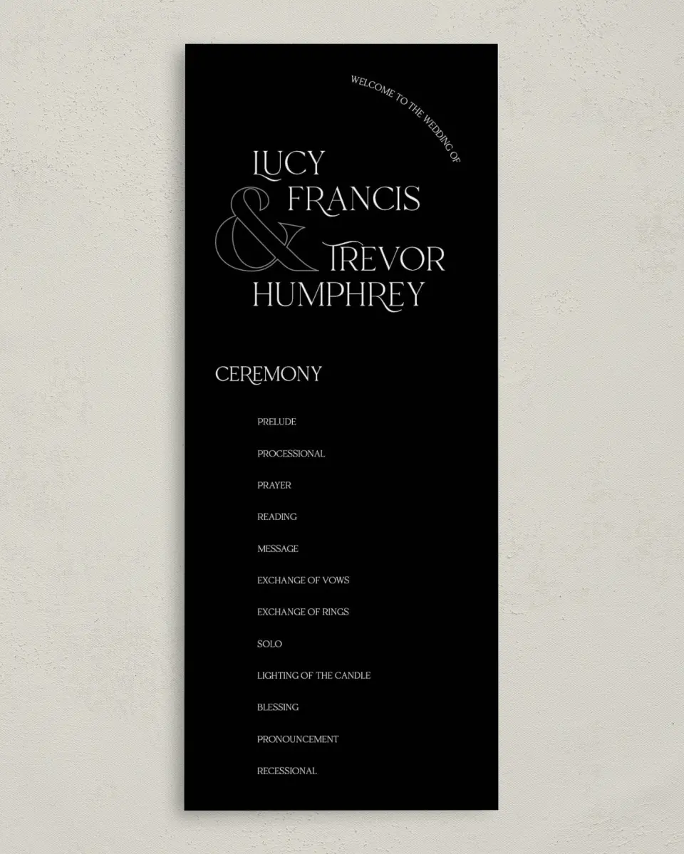 This is a 3⅝" x 8⅞" Tea-length Wedding Program called The Lucy printed in full color on Premium Smooth paper