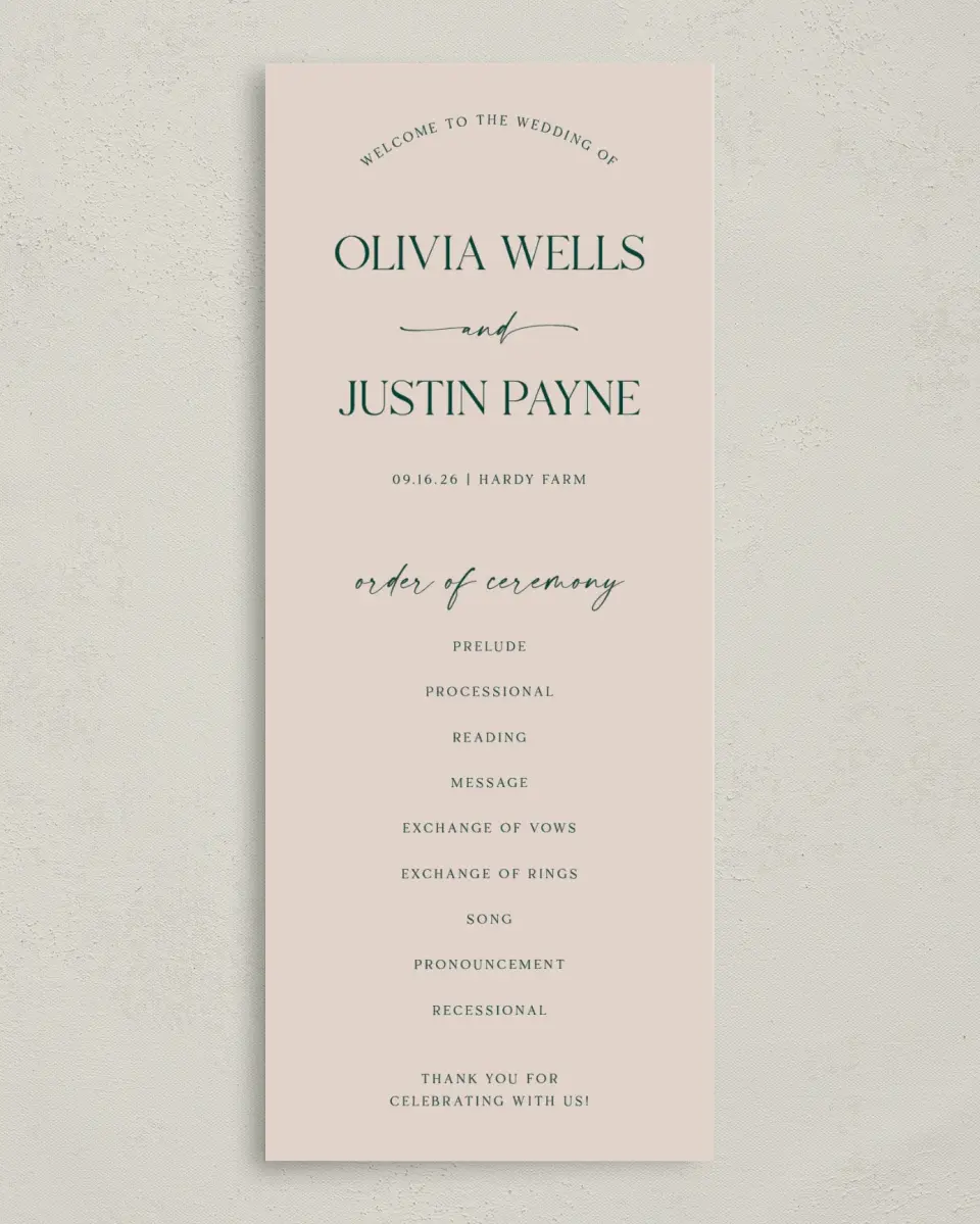 This is a 3⅝" x 8⅞" Tea-length Wedding Program called The Olivia printed in full color on Premium Smooth paper