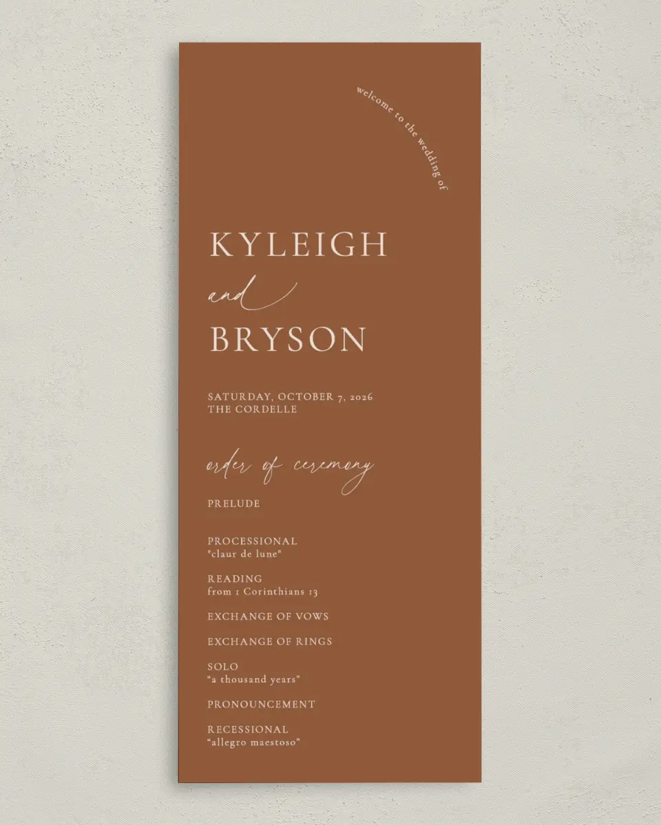 This is a 3⅝" x 8⅞" Tea-length Wedding Program called The Kyleigh printed in full color on Premium Smooth paper
