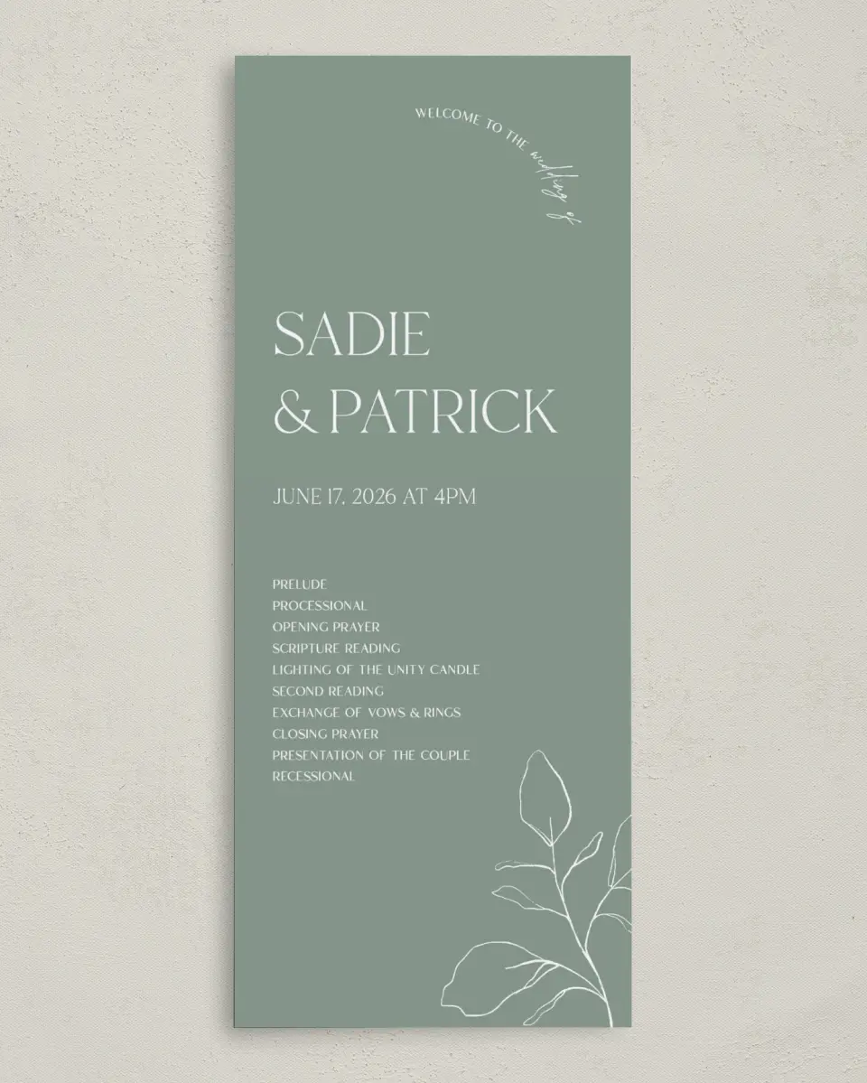 This is a 3⅝" x 8⅞" Tea-length Wedding Program called The Sadie printed in full color on Premium Smooth paper