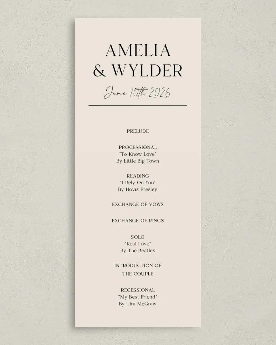 This is a 3⅝" x 8⅞" Tea-length Wedding Program called Noble Names printed in full color with Gold foil on Luxe Satin (coated) paper