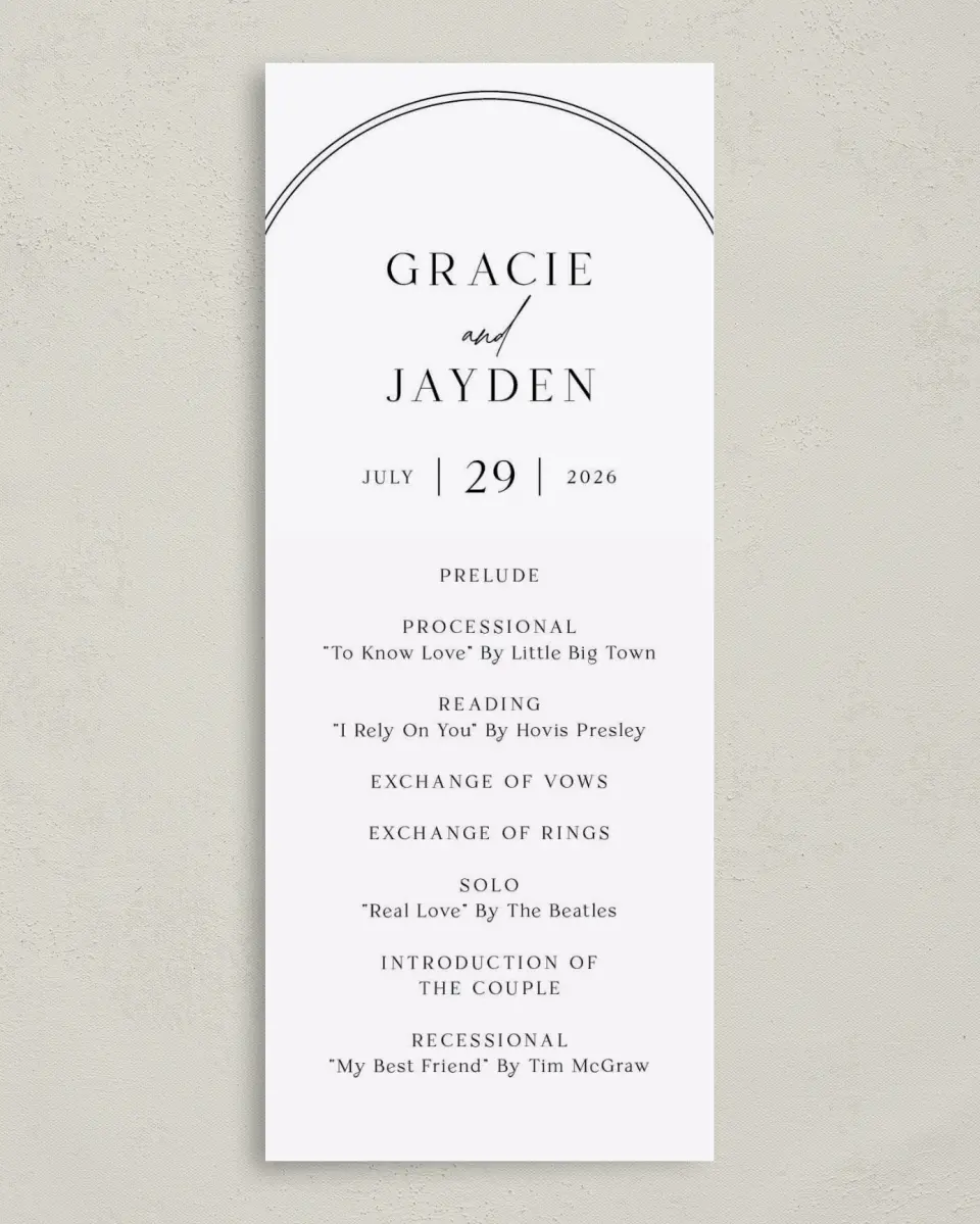This is a 3⅝" x 8⅞" Tea-length Wedding Program called Dramatic Date printed in full color on Premium Smooth paper