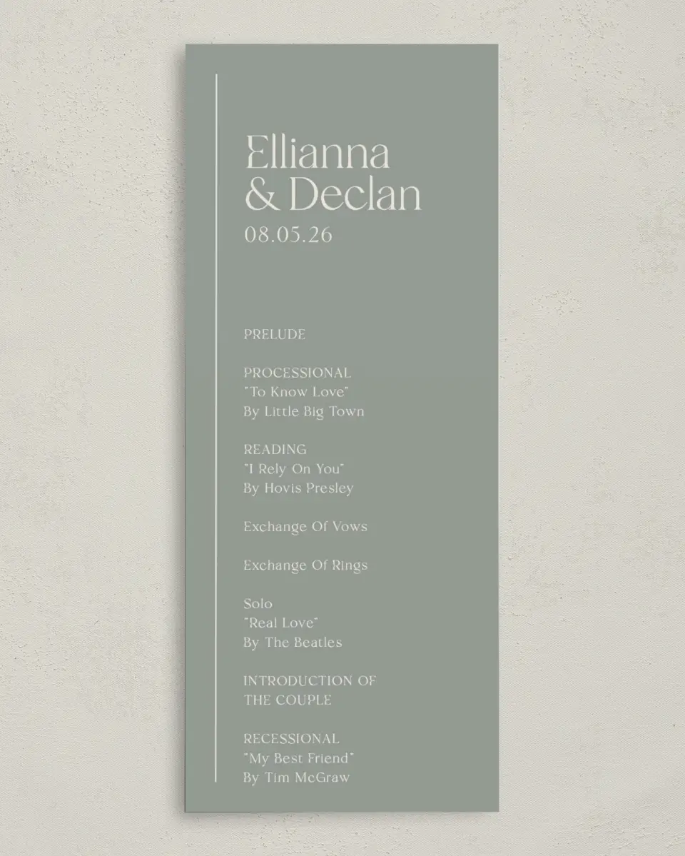 This is a 3⅝" x 8⅞" Tea-length Wedding Program called Elegant Lines printed in full color on Premium Smooth paper