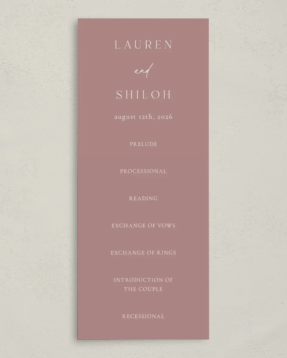 This is a 3⅝" x 8⅞" Tea-length Wedding Program called Cute + Charming printed in full color on Premium Smooth paper