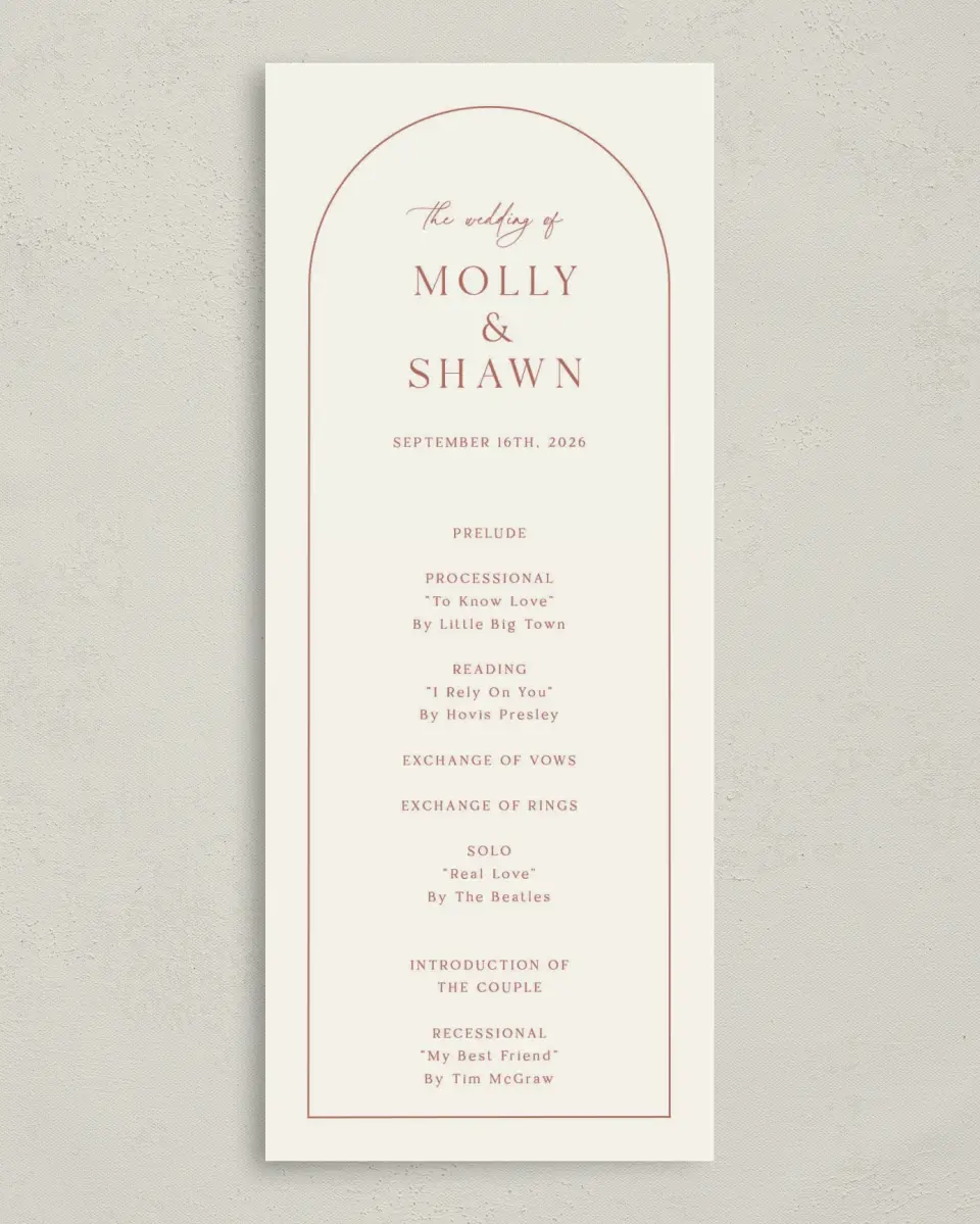 This is a 3⅝" x 8⅞" Tea-length Wedding Program called Autumn Blooms printed in full color with Gold foil on Luxe Satin (coated) paper