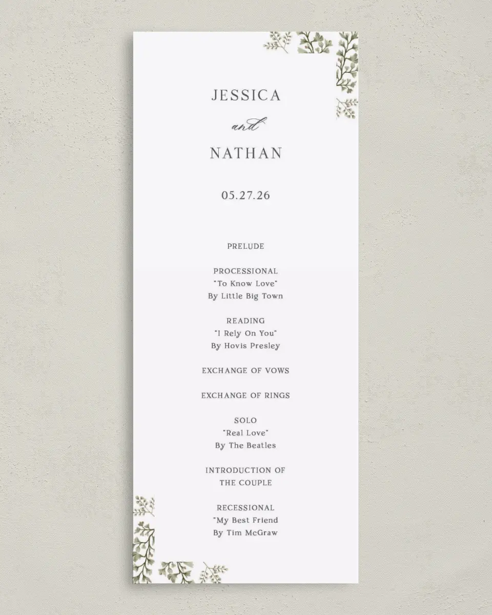 This is a 3⅝" x 8⅞" Tea-length Wedding Program called Leaves of Love printed in full color on Premium Smooth paper